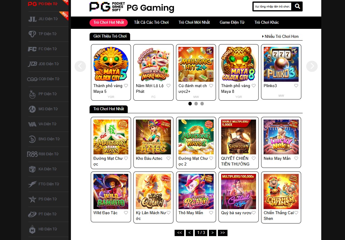 Các tựa game được cung cấp bởi đối tác PG Điện Tử