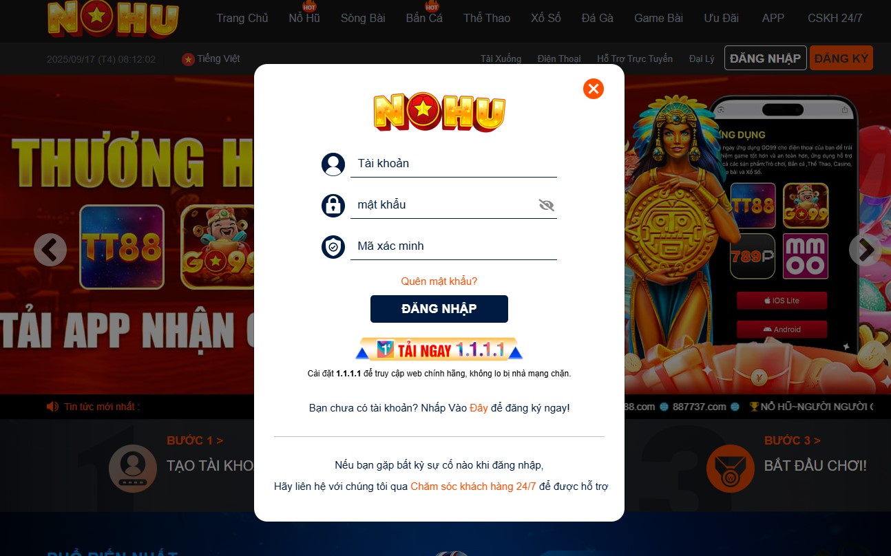 Form điền thông tin đăng nhập tài khoản Nohu90